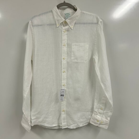 NWT Brooks Brothers 100% Linen Shirt Medium White Button Down Preppy Coastal
